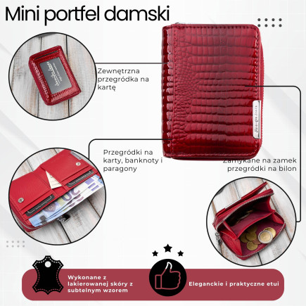 Portfel damski skórzany mini czerwony ze zwięrzęcym wzorem lakierowany