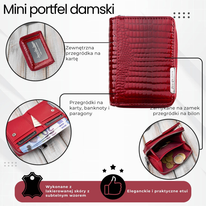Portfel damski skórzany mini czerwony ze zwięrzęcym wzorem lakierowany