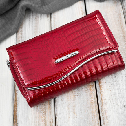 Portfel damski skórzany lakierowany ze zwierzęcym wzorem croco czerwony