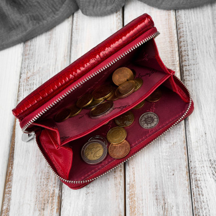 Portfel damski skórzany lakierowany ze zwierzęcym wzorem croco czerwony