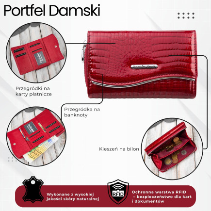 Portfel damski skórzany lakierowany ze zwierzęcym wzorem croco czerwony