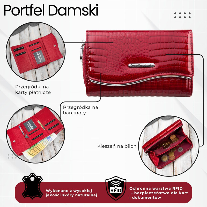 Portfel damski skórzany lakierowany ze zwierzęcym wzorem croco czerwony