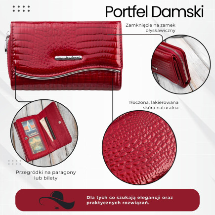 Portfel damski skórzany lakierowany ze zwierzęcym wzorem croco czerwony