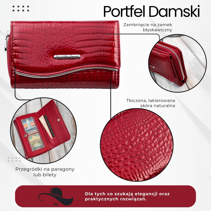 Portfel damski skórzany lakierowany ze zwierzęcym wzorem croco czerwony