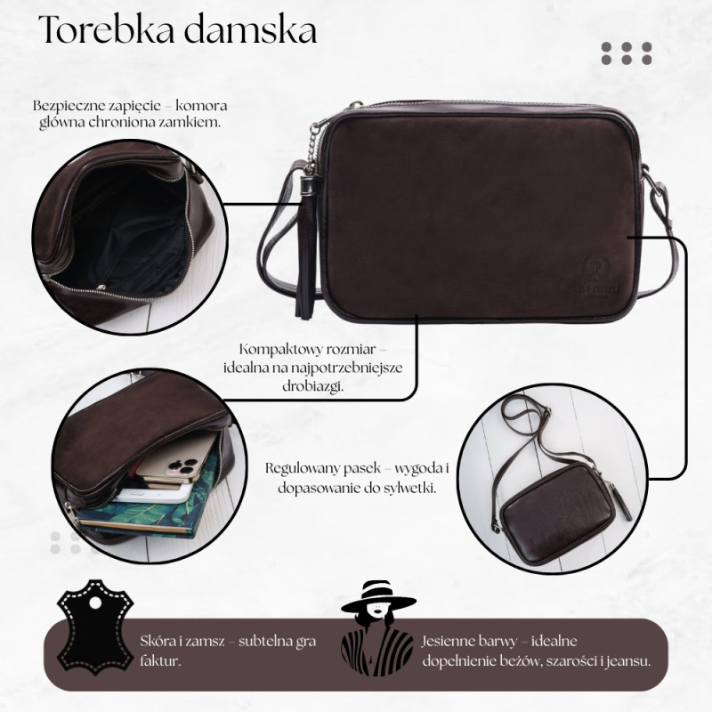 Torebka damska listonoszka skórzana brązowa z dodatkiem zamszu Paolo Peruzzi