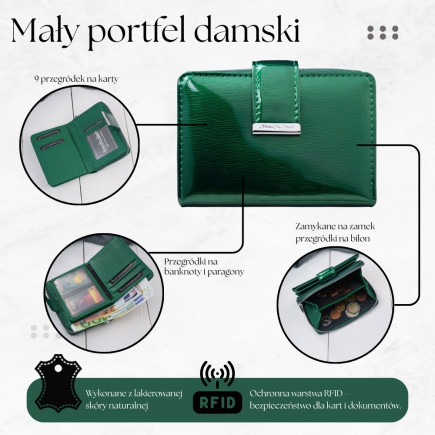 Mały Portfel Damski Skórzany Lakierowany Zielony RFID SP-26-GR