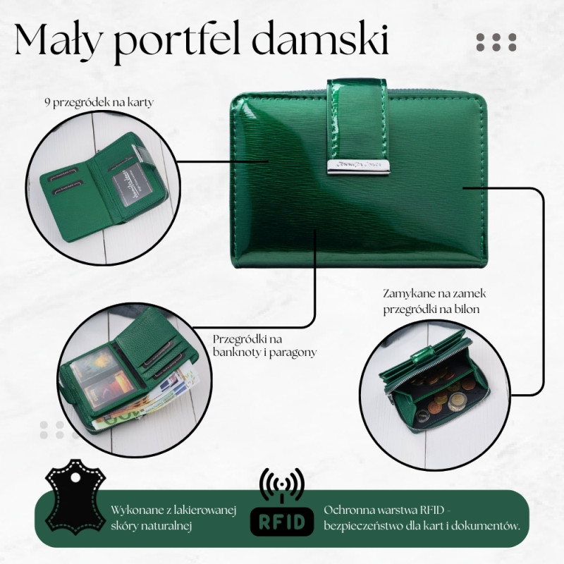 Mały Portfel Damski Skórzany Lakierowany Zielony RFID SP-26-GR