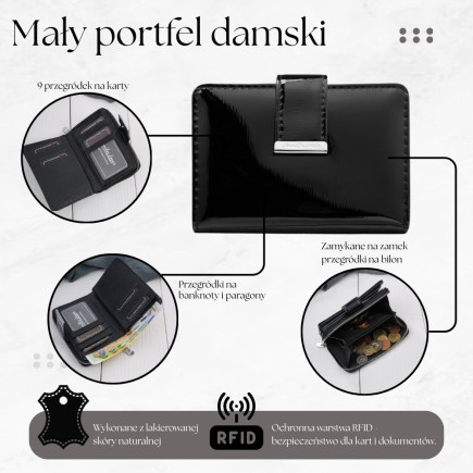 Mały Portfel Damski Skórzany Lakierowany Czarny RFID SP-26-BL