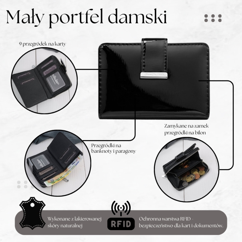Mały Portfel Damski Skórzany Lakierowany Czarny RFID SP-26-BL