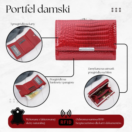 Portfel damski skórzany lakierowany mały czerwony croco z RFID SP-27-CRD