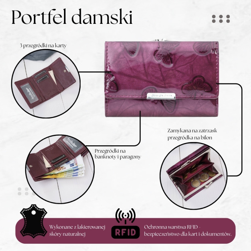 Portfel damski skórzany lakierowany mały purpurowy z RFID SP-27-PRP