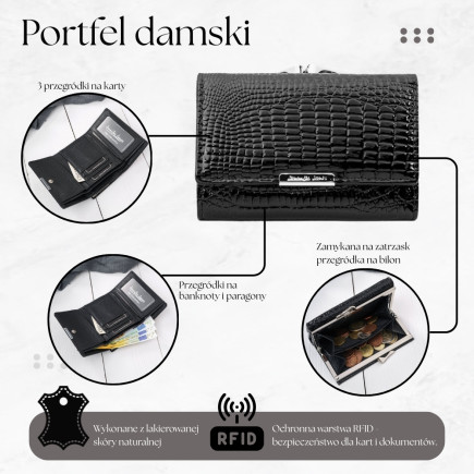 Portfel damski skórzany lakierowany mały czarny croco z RFID SP-27-CBL