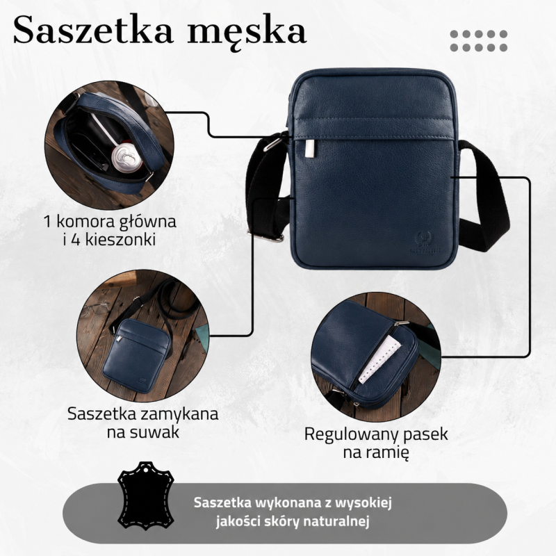 Saszetka męska skórzana na ramię listonoszka granatowa Paolo Peruzzi T-75-DB