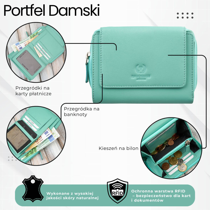 Portfel damski skórzany miętowy duży w orientacji poziomej z RFID Paolo Peruzzi SL-07-MNT