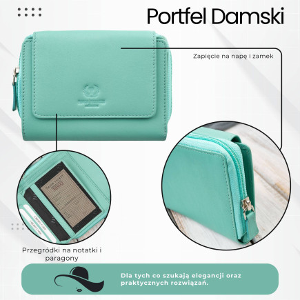 Portfel damski skórzany miętowy duży w orientacji poziomej z RFID Paolo Peruzzi SL-07-MNT