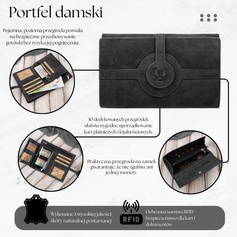 Czarny duży portfel damski skórzany vintage z RFID T-134-HBL Paolo Peruzzi– idealny do codziennego stylu