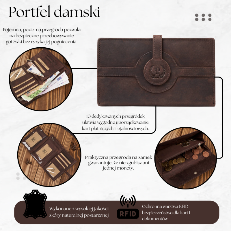 Portfel damski duży skórzany vintage brązowy Paolo Peruzzi T-134-HBR