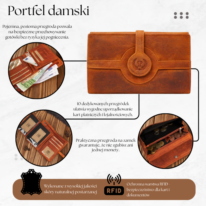 Portfel damski skórzany duży pomarańczowy vintage Paolo Peruzzi T-134-HOR