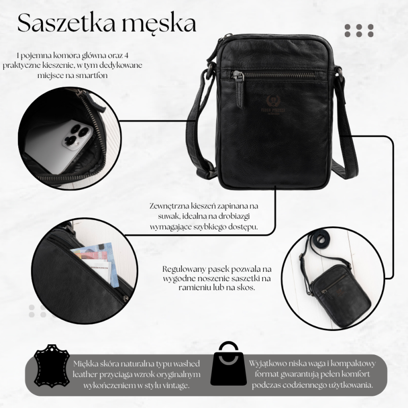 Saszetka męska skórzana Paolo Peruzzi SL-03-BL czarna