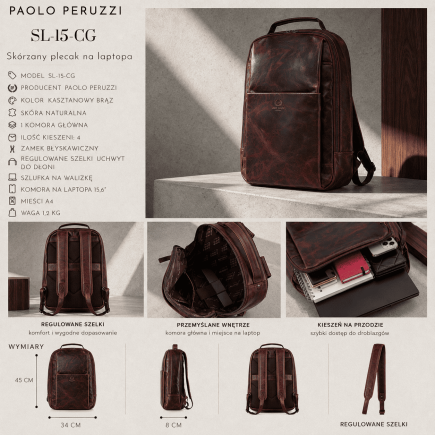 Plecak skórzany Paolo Peruzzi SL-15-CG na laptopa 15,6″