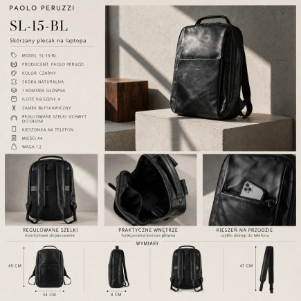Plecak skórzany Paolo Peruzzi SL-15-BL czarny na laptopa 15,6″