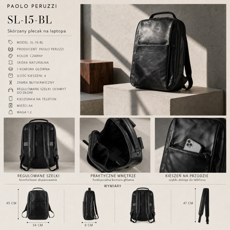 Plecak skórzany Paolo Peruzzi SL-15-BL czarny na laptopa 15,6″