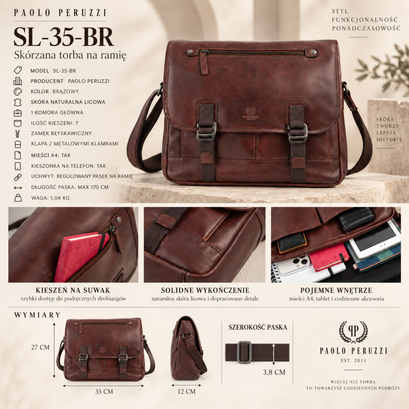 Torba męska skórzana Paolo Peruzzi SL-35-BR brązowa A4