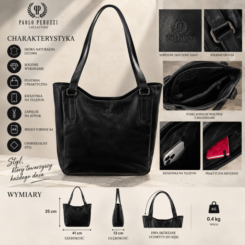 Torebka damska skórzana Paolo Peruzzi SL-45-BL shopper czarna A4