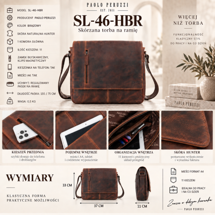 Torba męska skórzana Paolo Peruzzi SL-46-HBR brązowa hunter A4