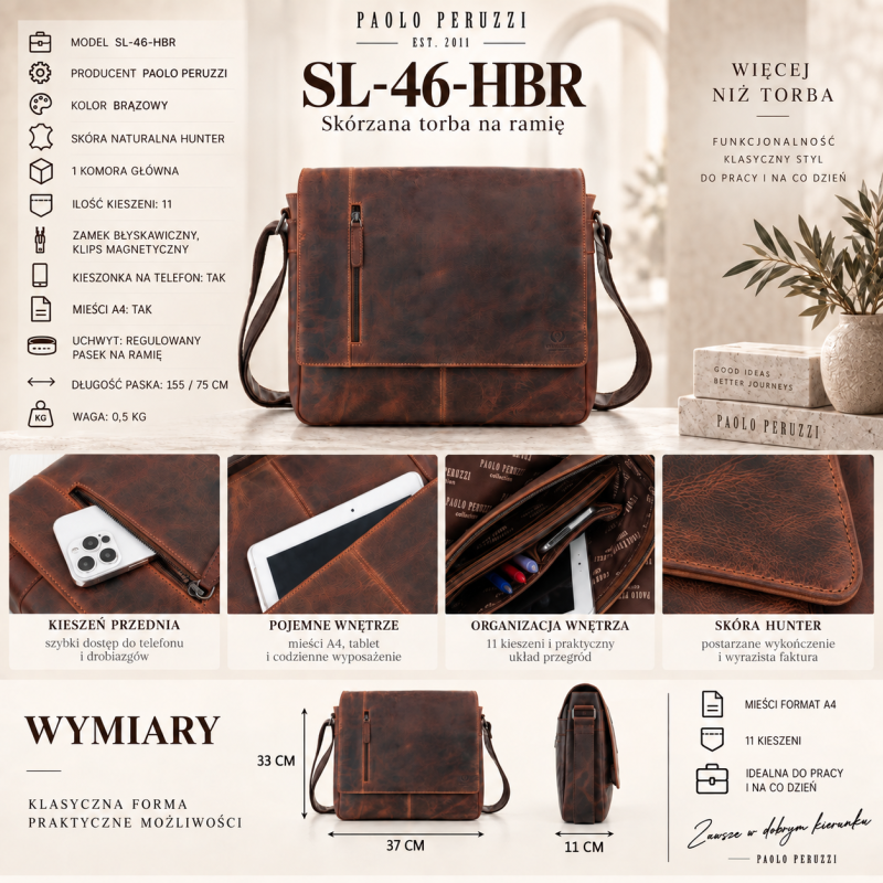 Torba męska skórzana Paolo Peruzzi SL-46-HBR brązowa hunter A4