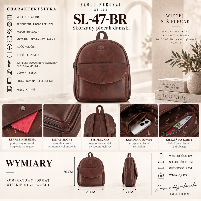 Plecak damski skórzany Paolo Peruzzi SL-47-BR brązowy