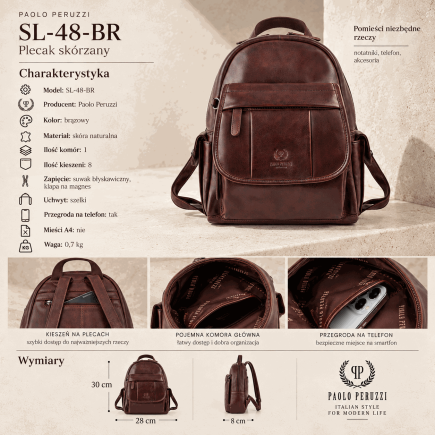 Plecak damski skórzany Paolo Peruzzi SL-48-BR brązowy retro