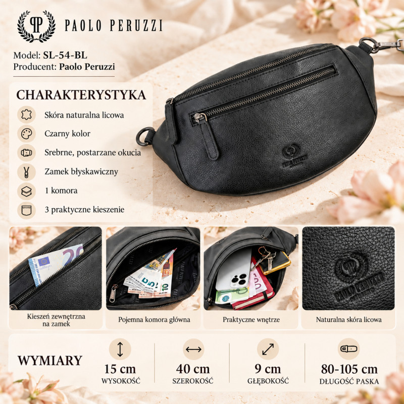 Saszetka nerka damska skórzana Paolo Peruzzi SL-54-BL czarna