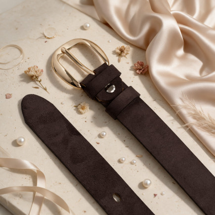 Brązowy zamszowy pasek damski złota klamra PG-16-BR-100 | Paolo Peruzzi