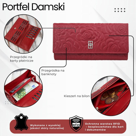 Portfel damski skórzany z tłoczeniem w kwiaty czerwony z RFID Paolo Peruzzi AL-12-RD