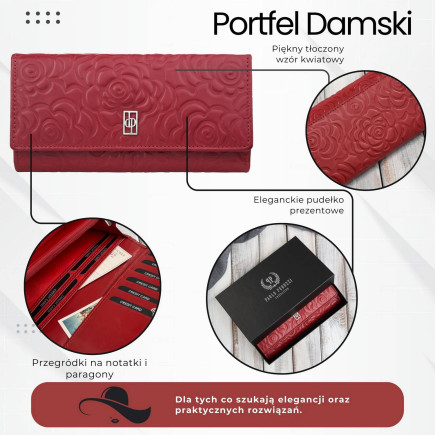 Portfel damski skórzany z tłoczeniem w kwiaty czerwony z RFID Paolo Peruzzi AL-12-RD
