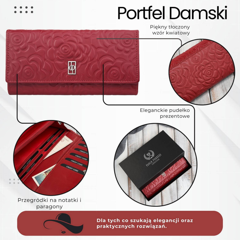 Portfel damski skórzany z tłoczeniem w kwiaty czerwony z RFID Paolo Peruzzi AL-12-RD