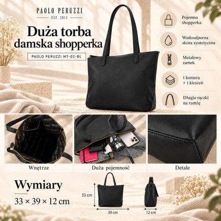 Duża torba damska shopperka czarna Paolo Peruzzi MT-02-BL