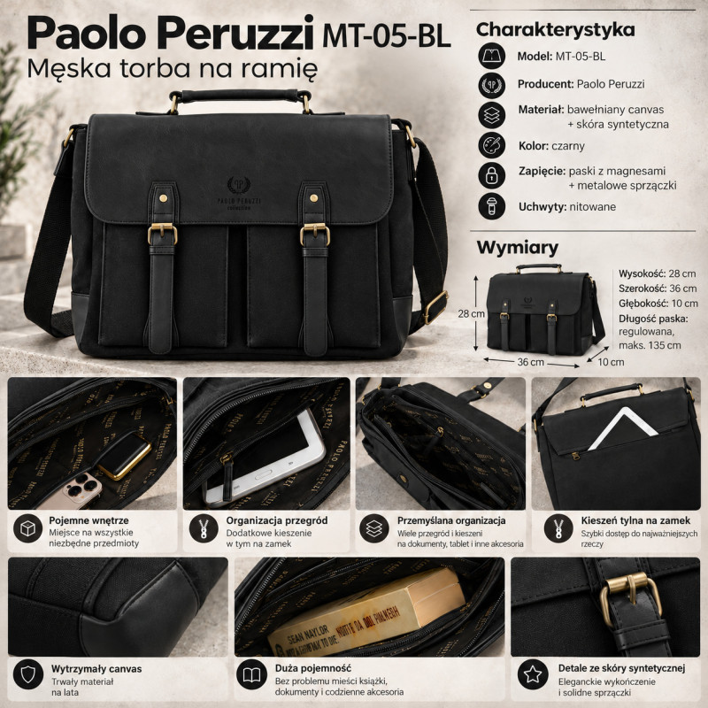 Torba męska czarna na ramię canvas Paolo Peruzzi MT-05-BL