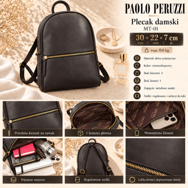 Plecak damski brązowy wodoodporny Paolo Peruzzi MT-01-BR