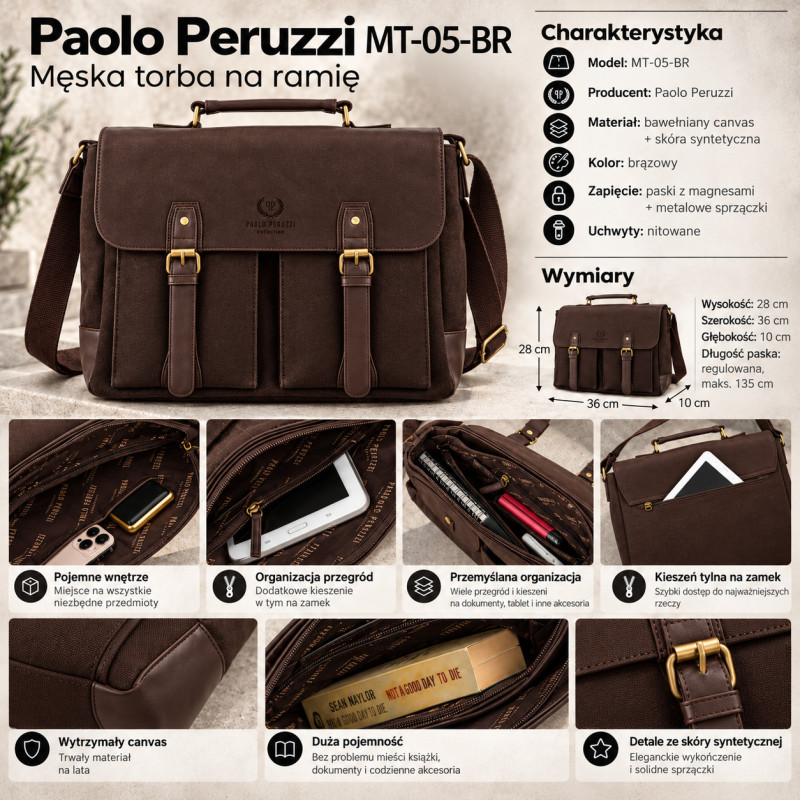 Torba męska brązowa canvas vintage Paolo Peruzzi MT-05-BR