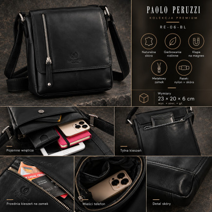 Czarna saszetka męska skórzana Premium Paolo Peruzzi RE-06-BL
