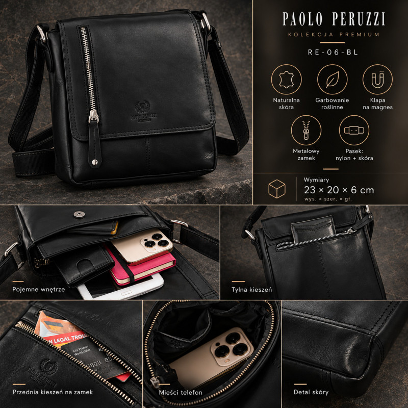 Czarna saszetka męska skórzana Premium Paolo Peruzzi RE-06-BL
